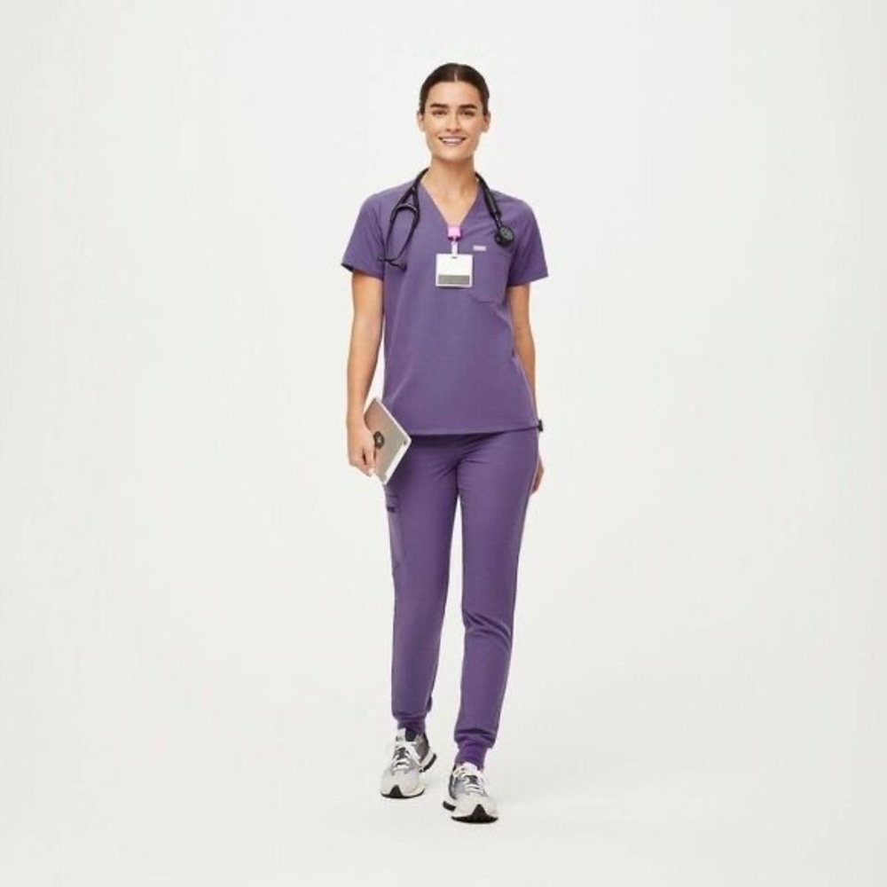 Figs scrubs set Women's amethyst Purple Scrub top and bottoms pink drawstring